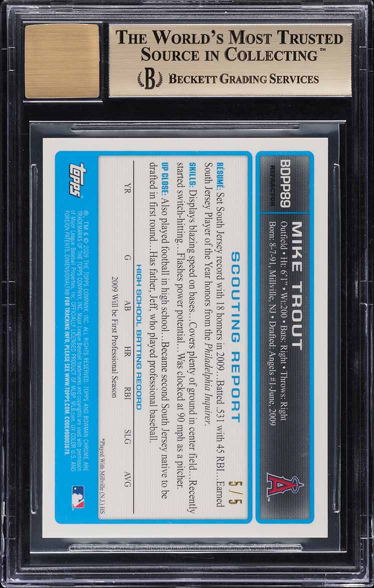2009 Bowman Chrome Red Refractor Mike Trout ROOKIE AUTO 5/5 #BDPP89 BGS 9.5 GEM