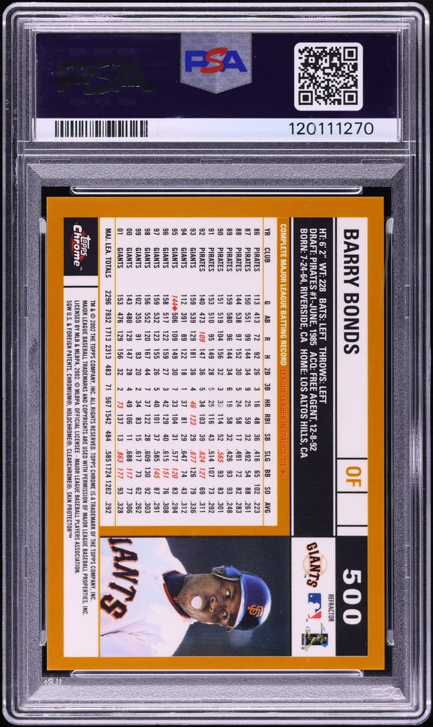 2002 Topps Chrome Gold Refractor Barry Bonds #500 PSA 8 NM-MT