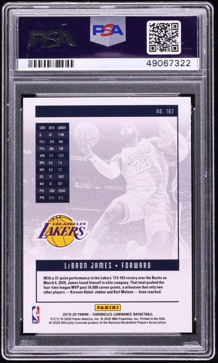 2019 Panini Chronicles Luminance LeBron James #162 PSA 10 GEM MINT