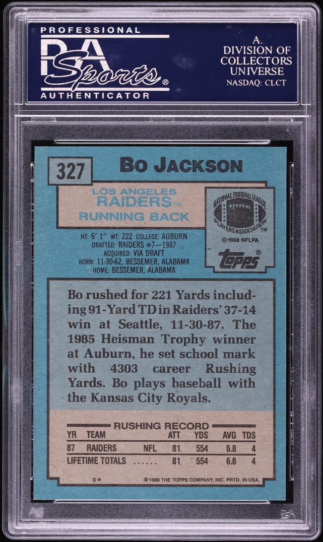 1988 Topps Football Bo Jackson ROOKIE #327 PSA 10 GEM MINT