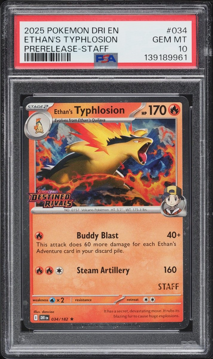 2025 Pokemon SV Destined Rivals Prerelease Staff Holo Ethan's Typhlosion #34 PSA 10 GEM MINT