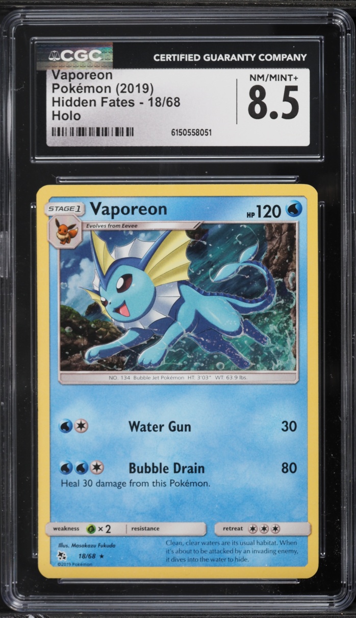 2019 Pokemon Sun & Moon Hidden Fates Holo Vaporeon #18 CGC 8.5 NM-MT+