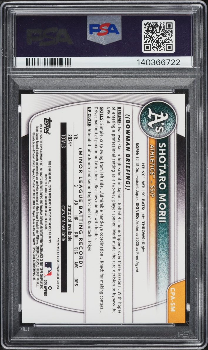 2025 Bowman Chrome Shotaro Morii PROSPECT AUTO #CPA-SM PSA 10 GEM MINT