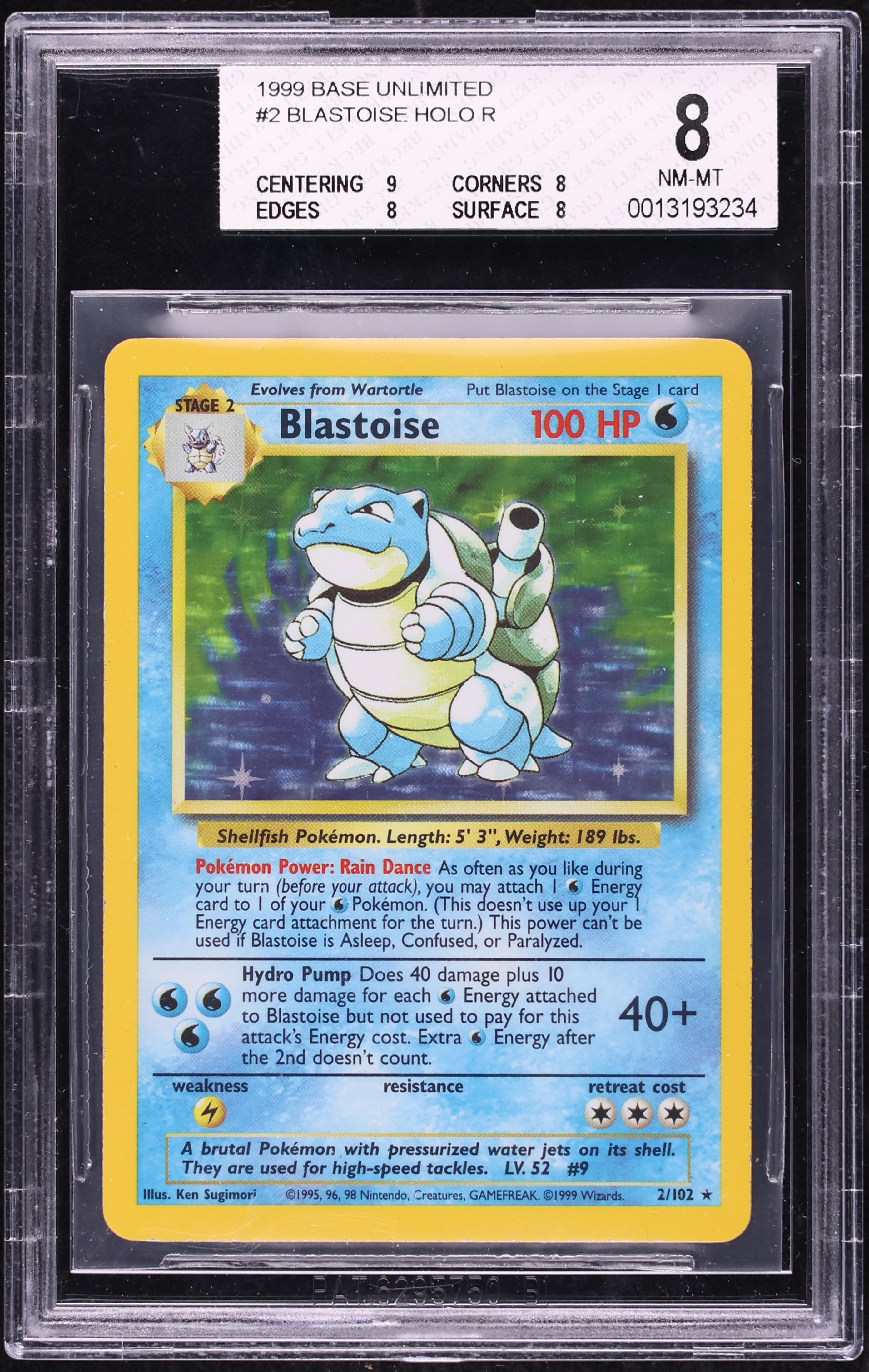 1999 Pokemon Base Set Unlimited Holo Blastoise #2 BGS 8 NM-MT