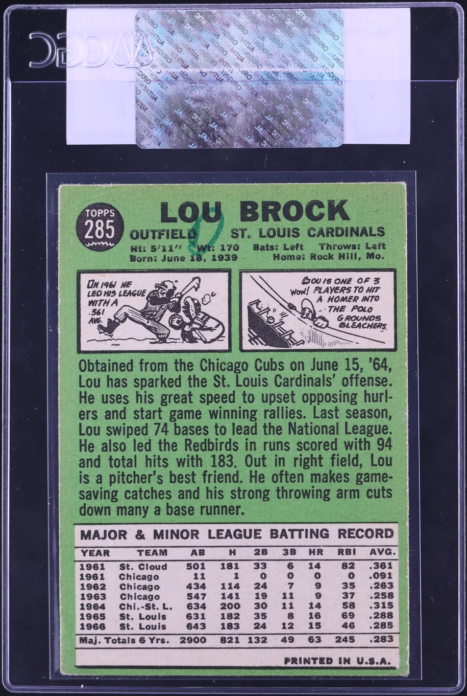 1967 Topps Lou Brock #285 CGC AUTH