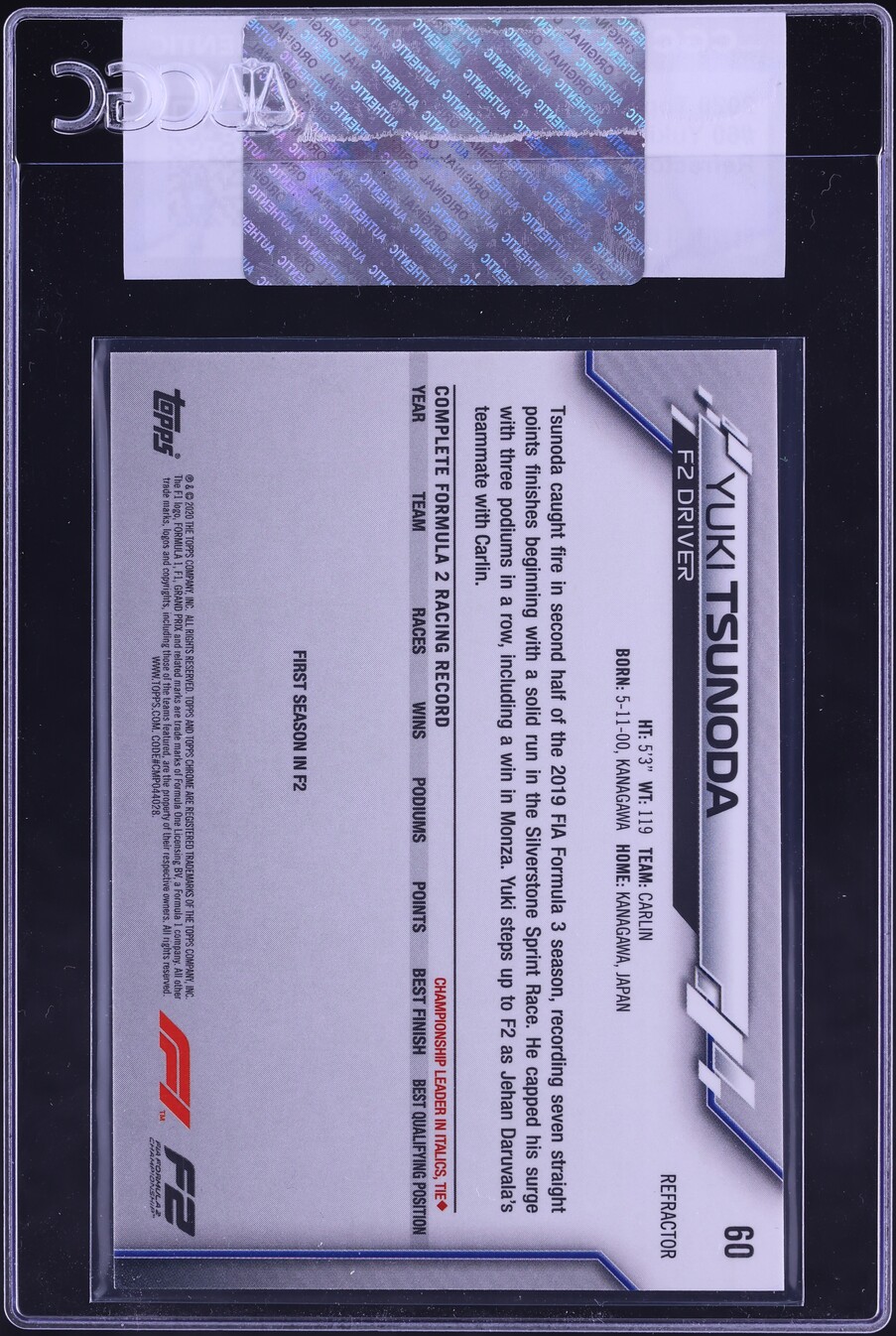 2020 Topps Chrome Formula 1 F1 Refractor Yuki Tsunoda #60 CGC AUTH