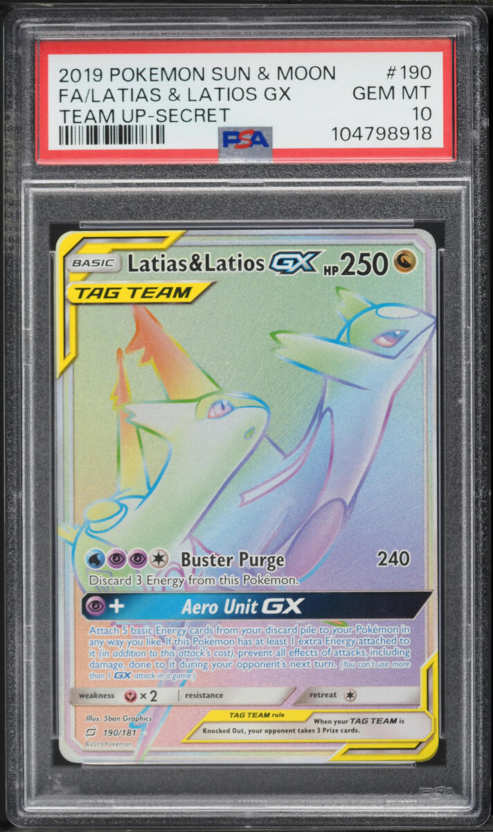 2019 Pokemon Sun & Moon Team Up Rainbow Rare Latias & Latios GX #190 PSA 10 GEM MINT