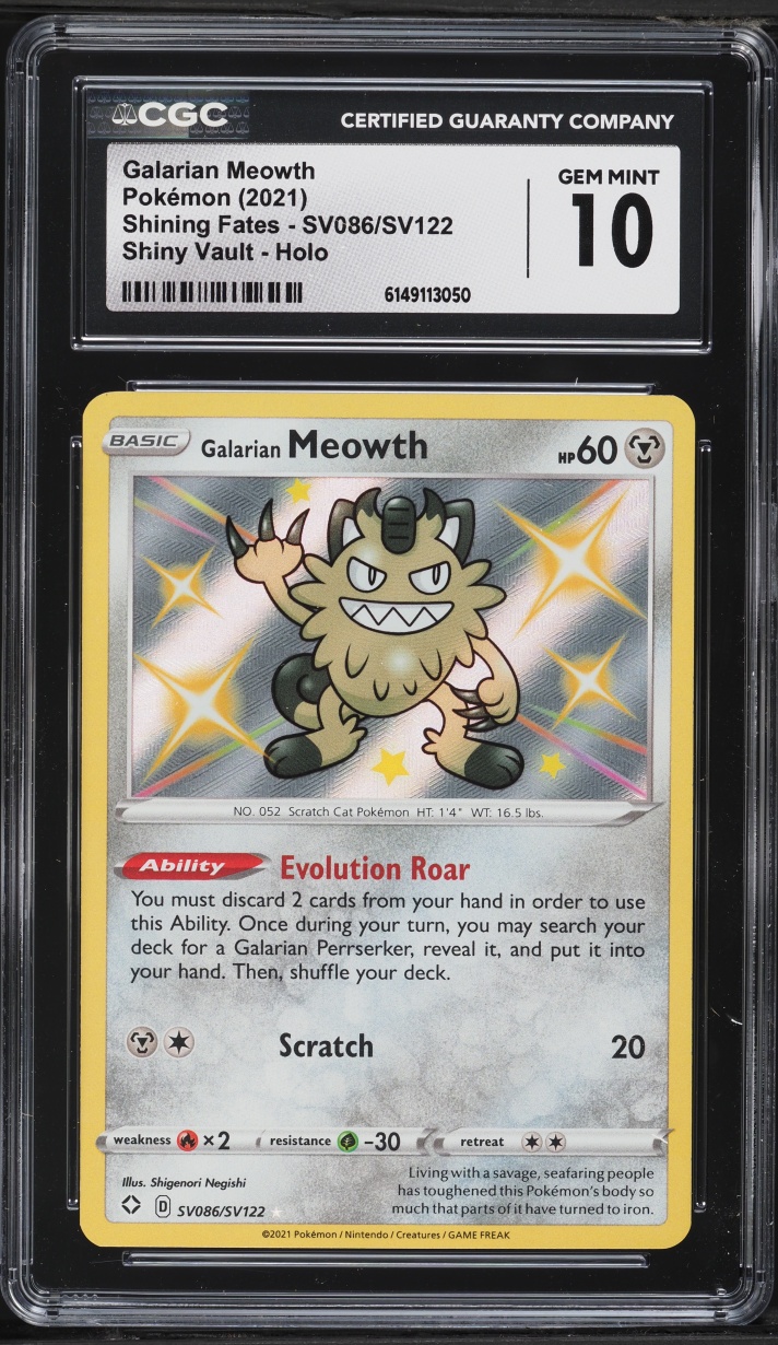 2021 Pokemon Sword & Shield Shining Fates Shiny Vault Holo Galarian Meowth #SV086 CGC 10 GEM