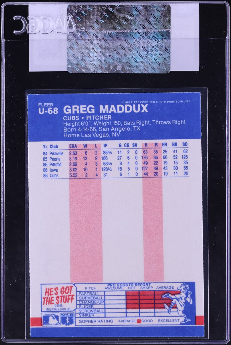 1987 Fleer Update Greg Maddux ROOKIE #U-68 CGC AUTH