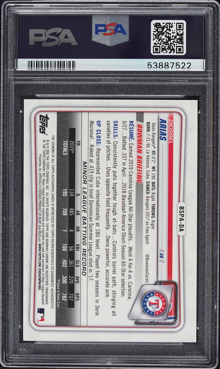 2020 Bowman Chrome Sapphire Diosbel Arias PROSPECT AUTO #BSPADA PSA 10 GEM MINT
