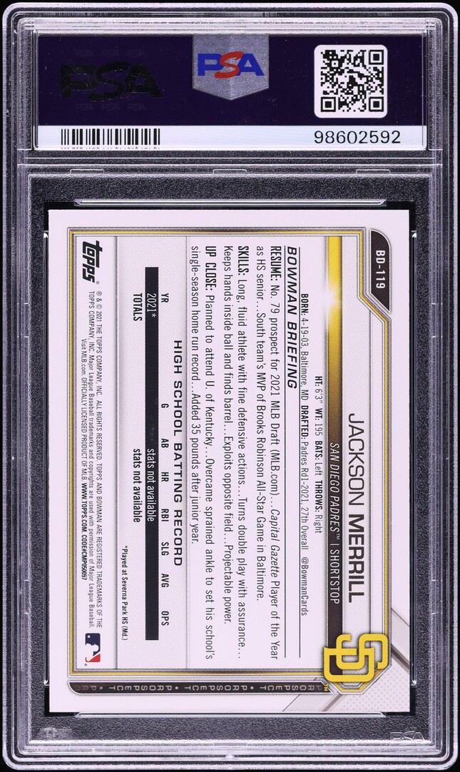 2021 Bowman Draft 1st Edition Gold Foil Jackson Merrill PROSPECT /50 #BD119 PSA 10 GEM MINT