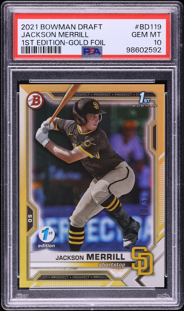 2021 Bowman Draft 1st Edition Gold Foil Jackson Merrill PROSPECT /50 #BD119 PSA 10 GEM MINT