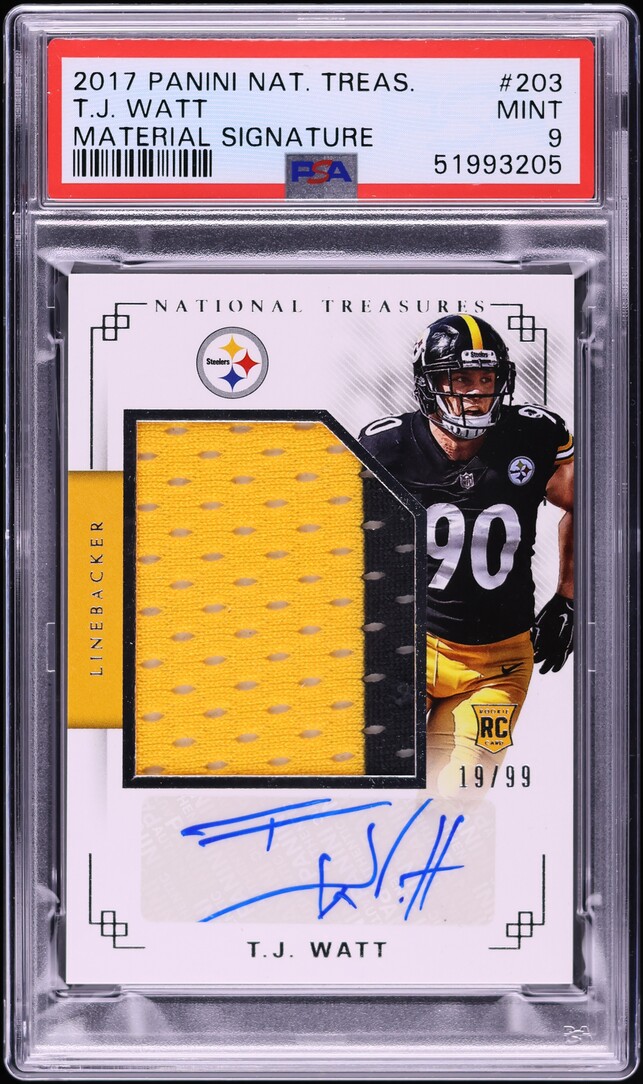 2017 National Treasures T.J. Watt ROOKIE PATCH AUTO /99 #203 PSA 9 MINT
