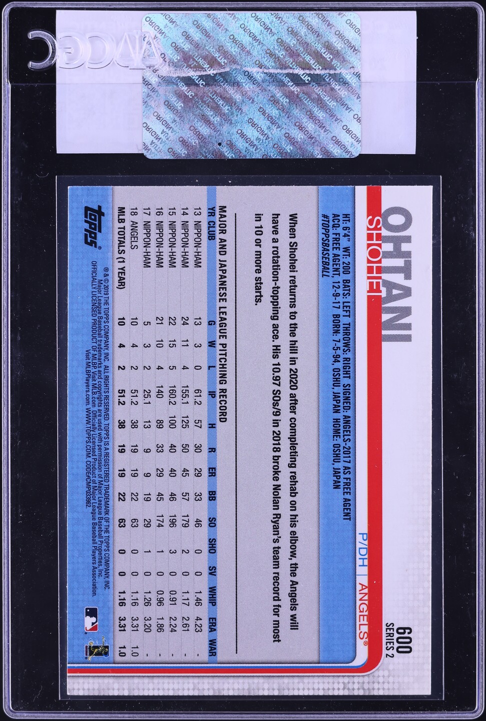 2019 Topps Shohei Ohtani #600 CGC AUTH