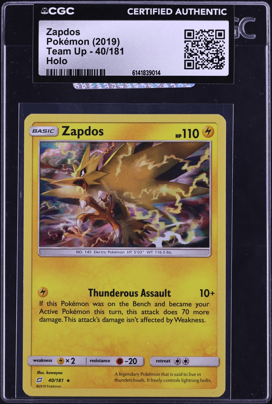 2019 Pokemon Sun & Moon Team Up Holo Zapdos #40 CGC AUTH