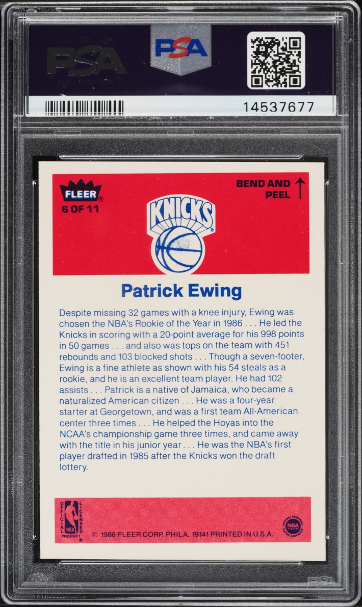 1986 Fleer Sticker Patrick Ewing ROOKIE #6 PSA 9 MINT