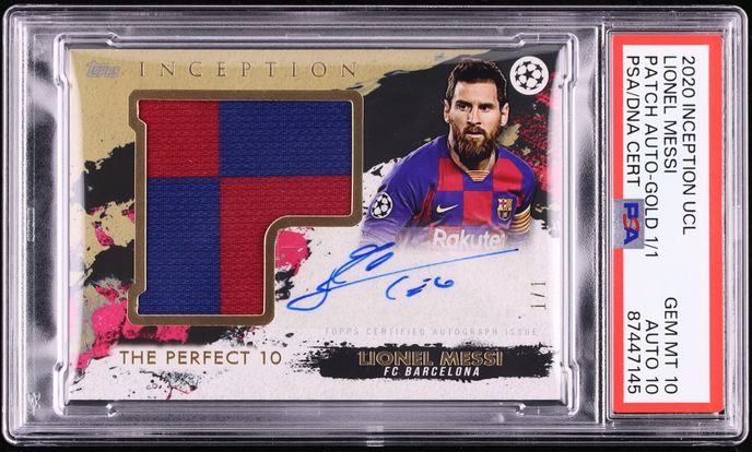 2020 Topps Inception Gold Lionel Messi PATCH AUTO DNA 10 1/1 PSA