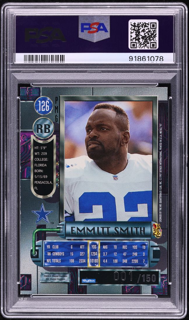 1997 Metal Universe Precious Metal Gems PMG Green Emmitt Smith 1/15 PSA 8 NM-MT