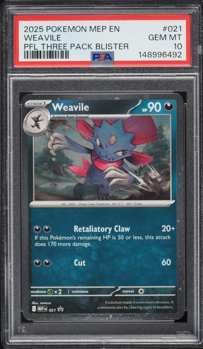 2025 Pokemon Mega Evolution Promo Phantasmal Flames Three Pack Blister Weavile #021 PSA 10