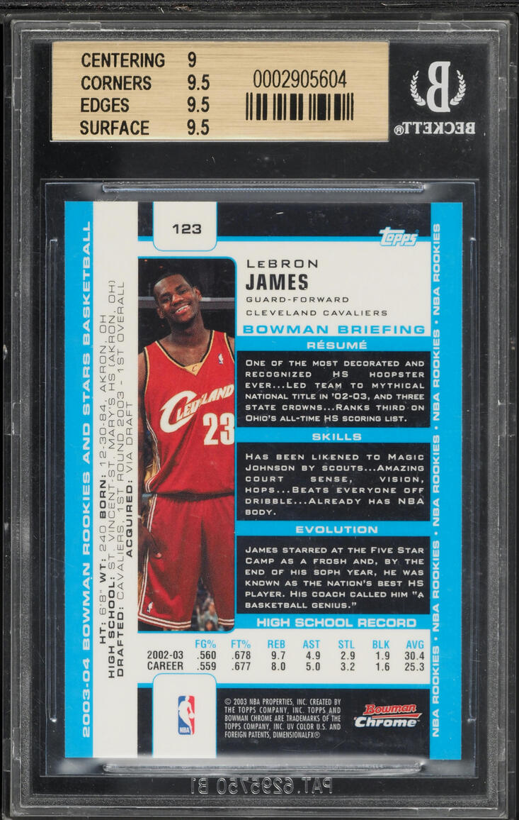 2003 Bowman Chrome LeBron James ROOKIE #123 BGS 9.5 GEM MINT