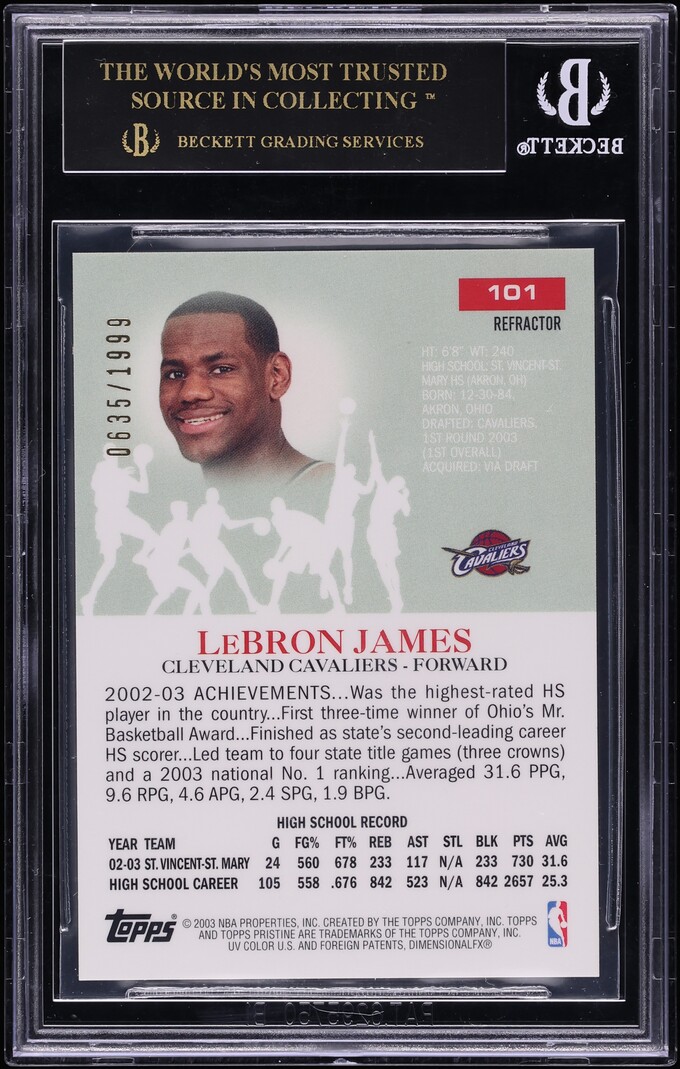 2003 Topps Pristine Refractor LeBron James ROOKIE /1999 #101 BGS 10 PRISTINE, BLACK LABEL
