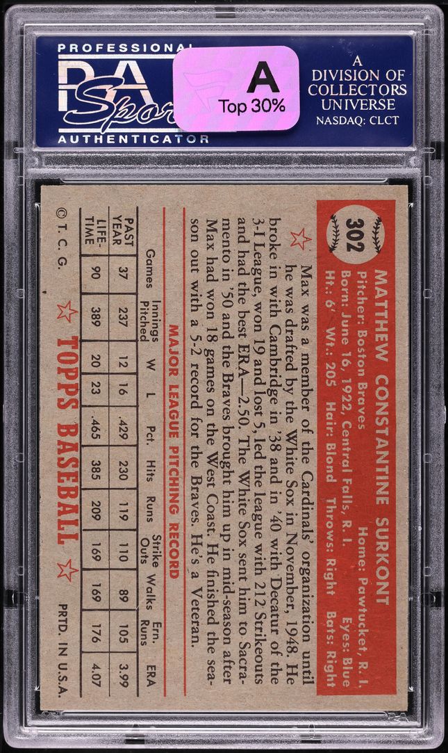 1952 Topps Max Surkont #302 PSA 8 NM-MT