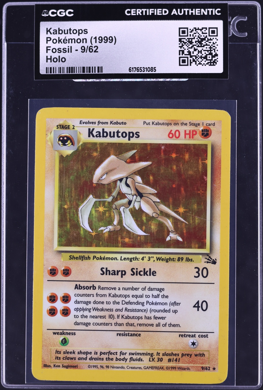 1999 Pokemon Fossil Holo Kabutops #9 CGC AUTH