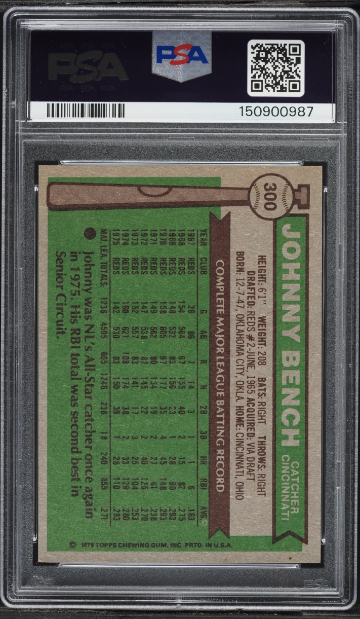 1976 Topps Johnny Bench All Star Catcher #300 PSA 7 NRMT