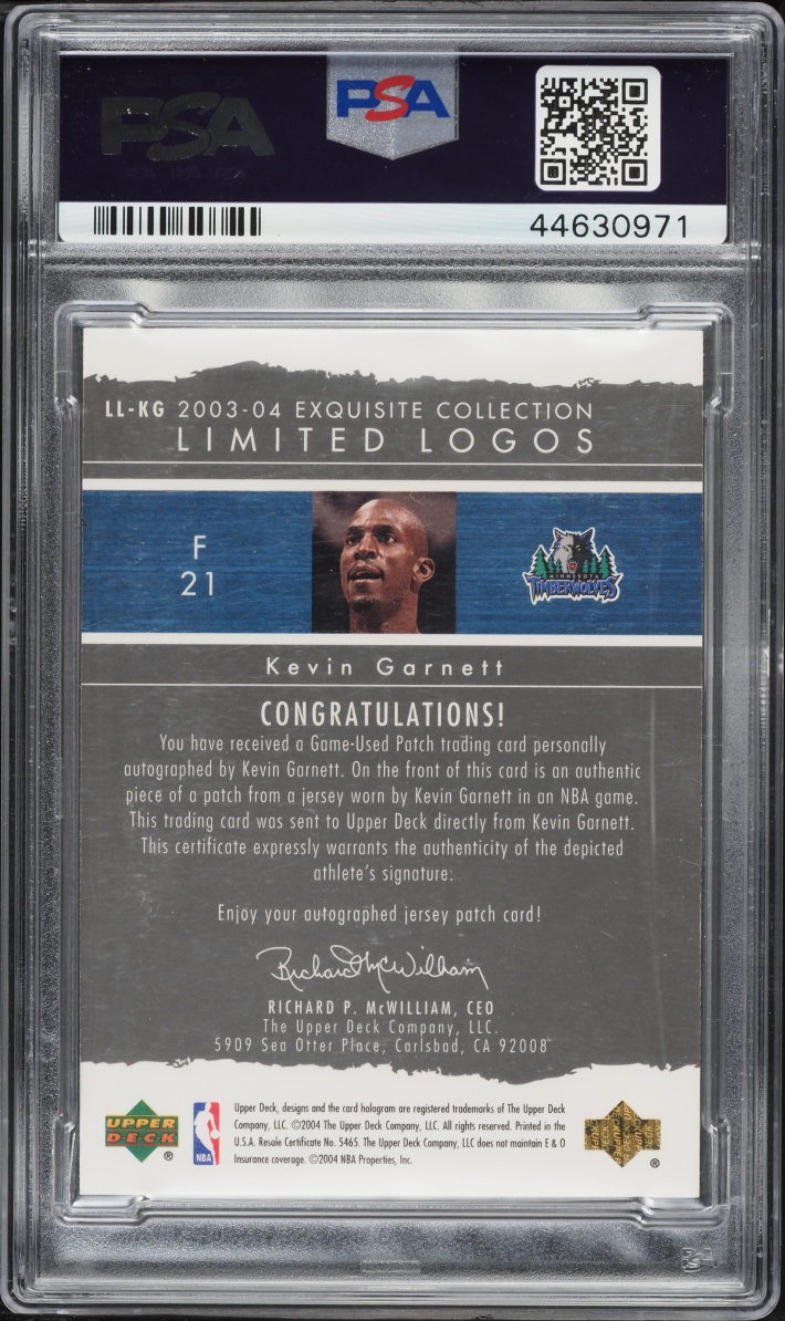 2003 Exquisite Collection Limited Logos Kevin Garnett PATCH AUTO DNA 10 /75 #LL-KG PSA 9 MINT