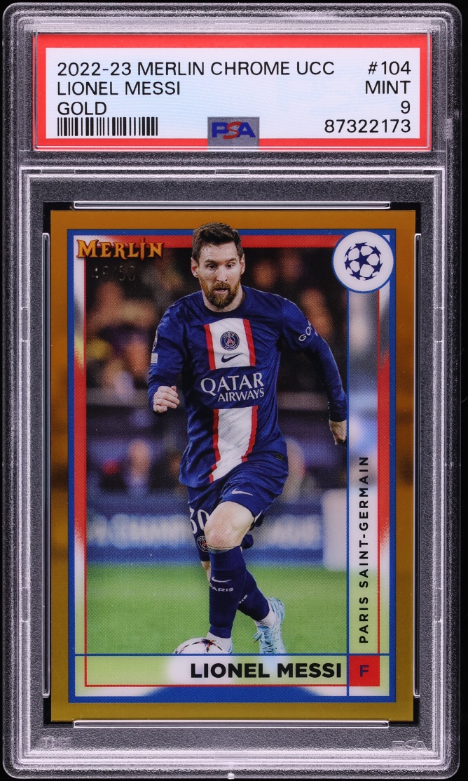 2022 Topps Merlin Chrome UEFA Club Competitions Gold Refractor Lionel Messi /50 #104 PSA 9 MINT