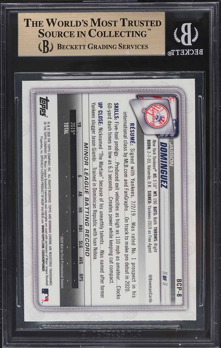 2020 Bowman Chrome Mega Box Refractor Jasson Dominguez PROSPECT #BCP8 BGS 9.5 GEM MINT
