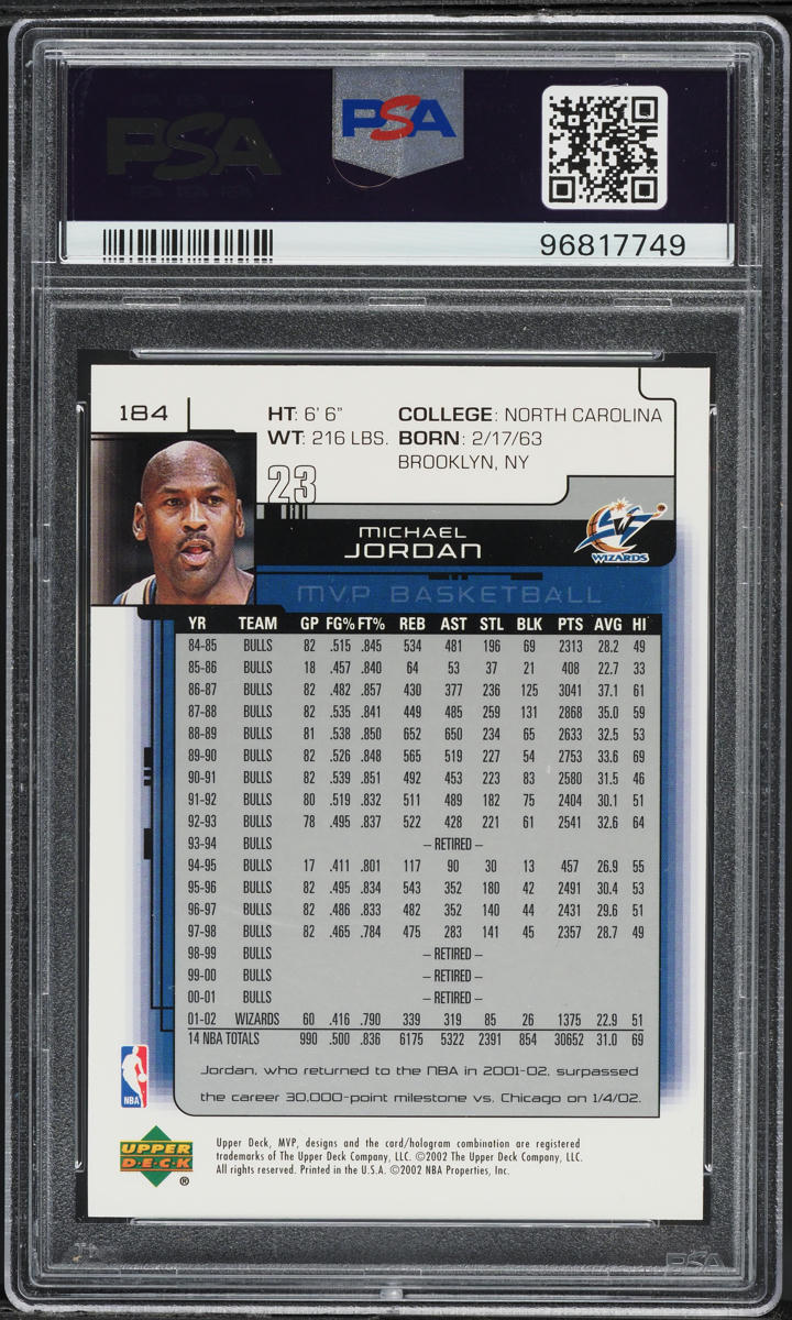 2002 Upper Deck MVP Michael Jordan #184 PSA 10 GEM MINT