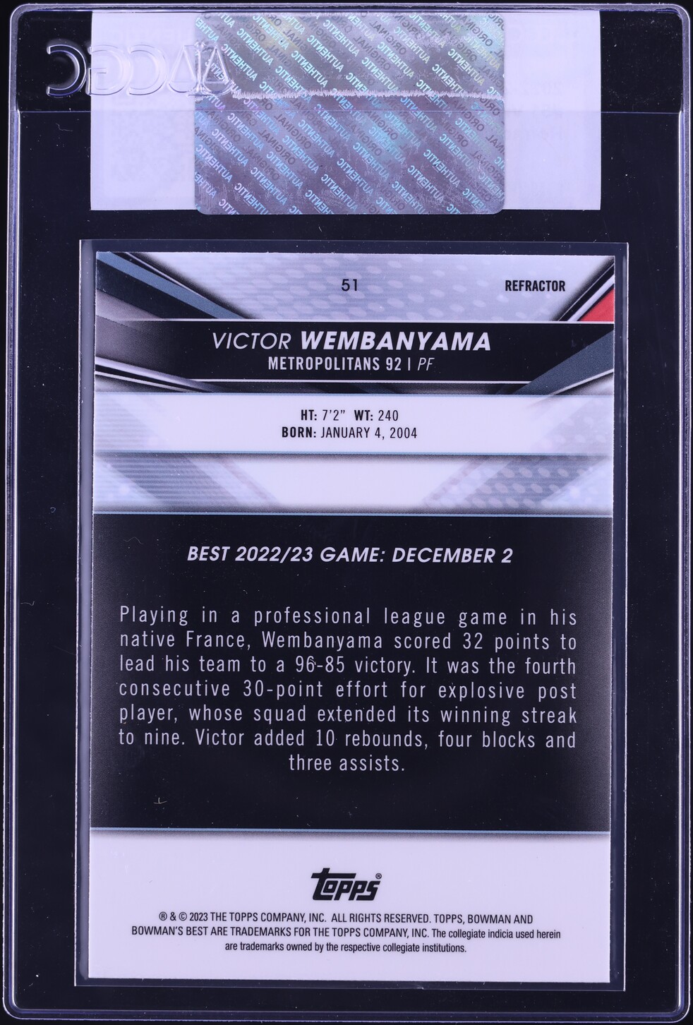 2022 Bowman University Best Refractor Victor Wembanyama ROOKIE #51 CGC AUTH