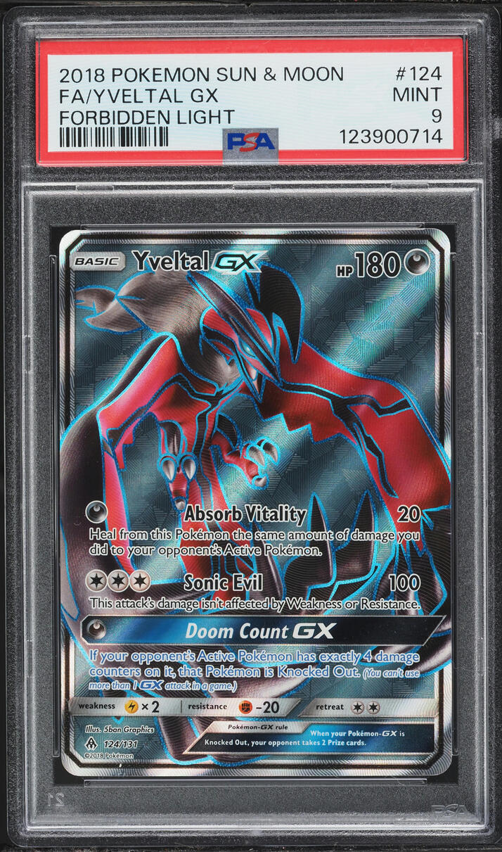 2018 Pokemon Sun & Moon Forbidden Light Full Art Yveltal GX #124 PSA 9 MINT