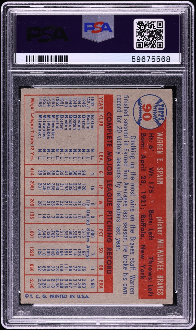 1957 Topps Warren Spahn #90 PSA 3 VG