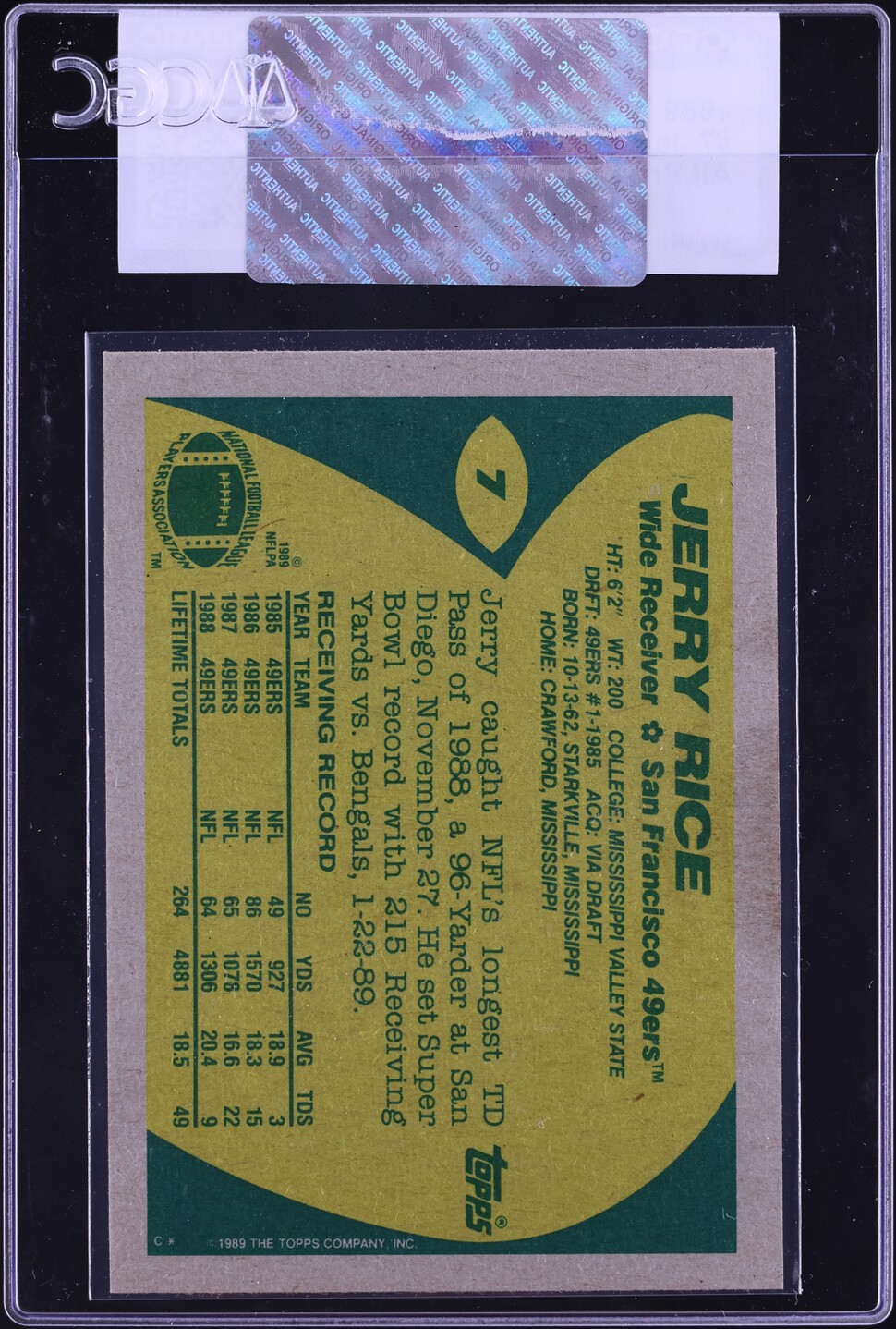 1989 Topps Football Jerry Rice ALL PRO #7 CGC AUTH
