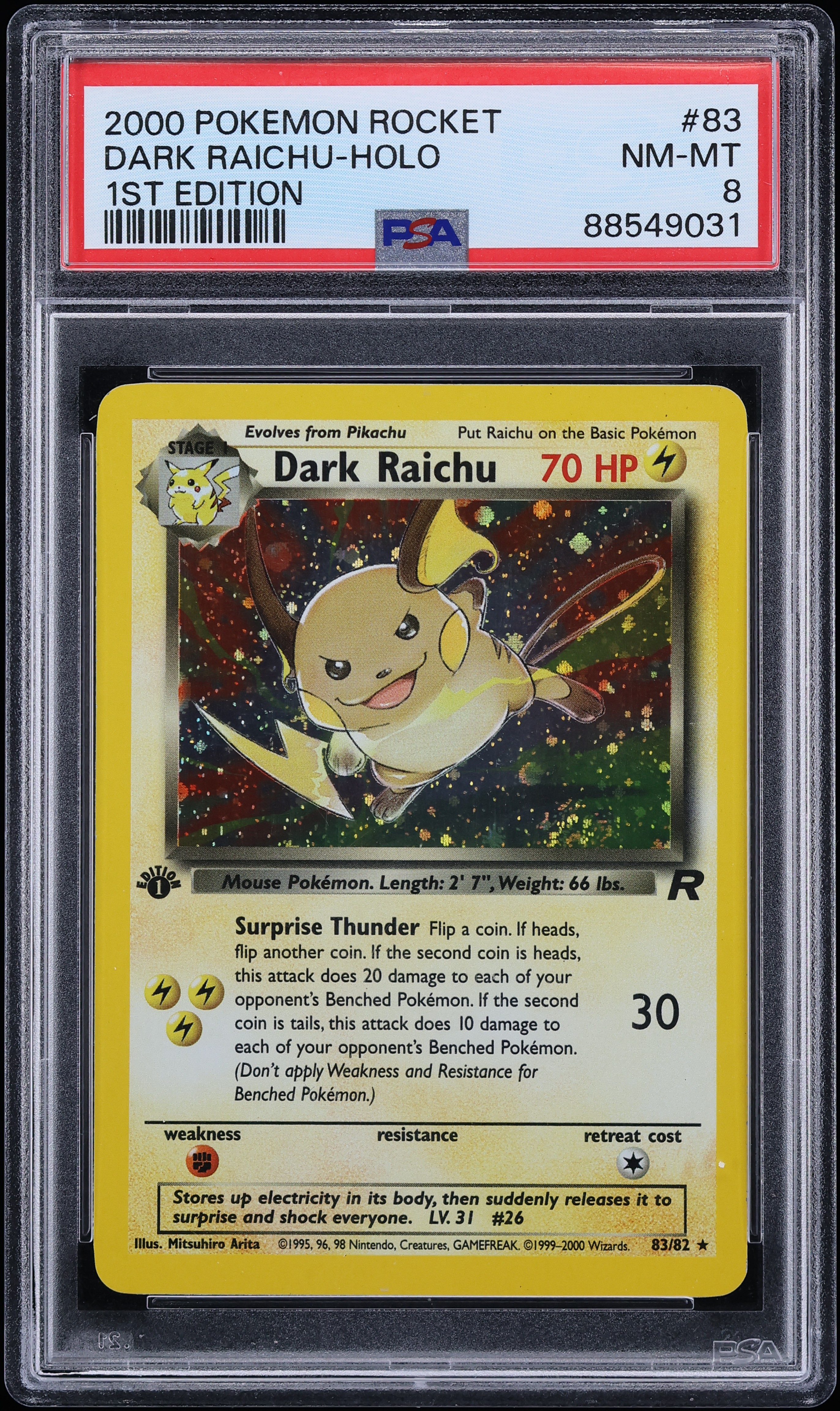 2000 Pokemon Team Rocket 1st Edition Holo Dark Raichu #83 PSA 8 NM-MT