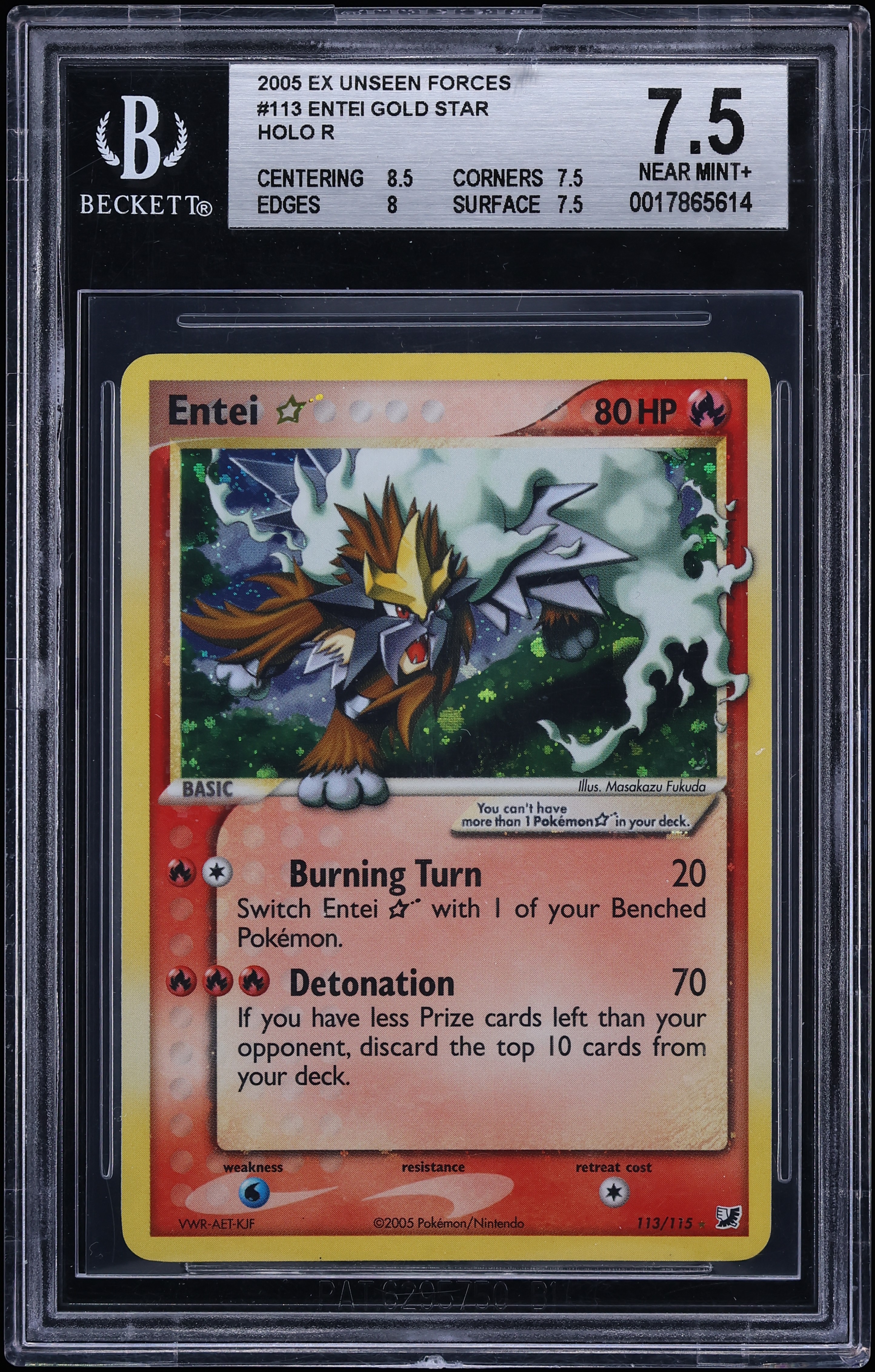 2005 Pokemon EX Unseen Forces Holo Entei Gold Star #113 BGS 7.5 NRMT+