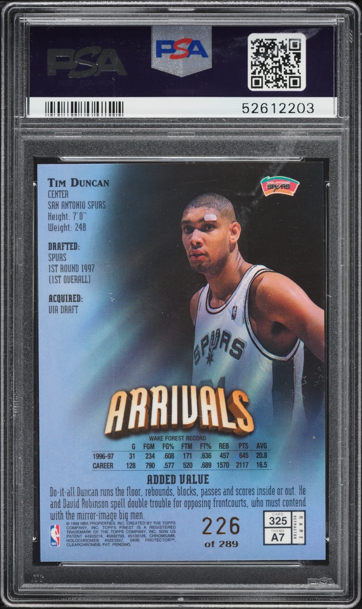 1997 Finest Refractor Tim Duncan ROOKIE /289 #325 PSA 9 MINT
