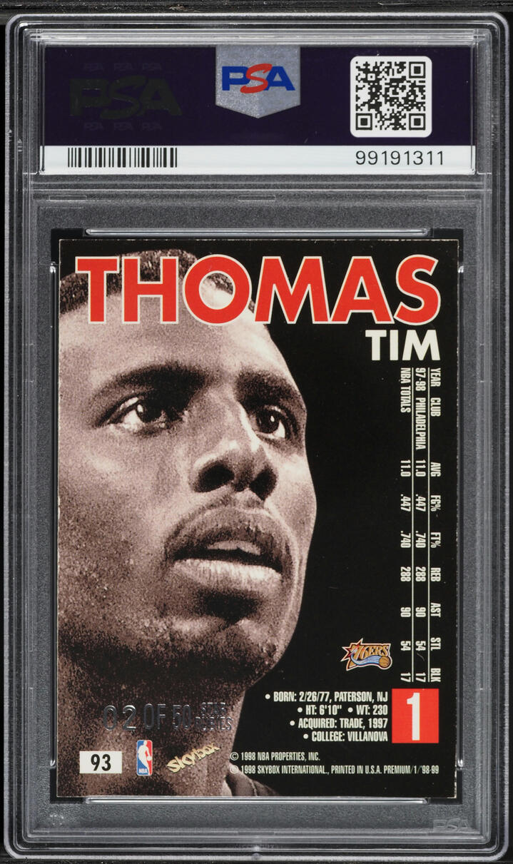 1998 Skybox Premium Star Rubies Tim Thomas /50 #93 PSA 6 EXMT