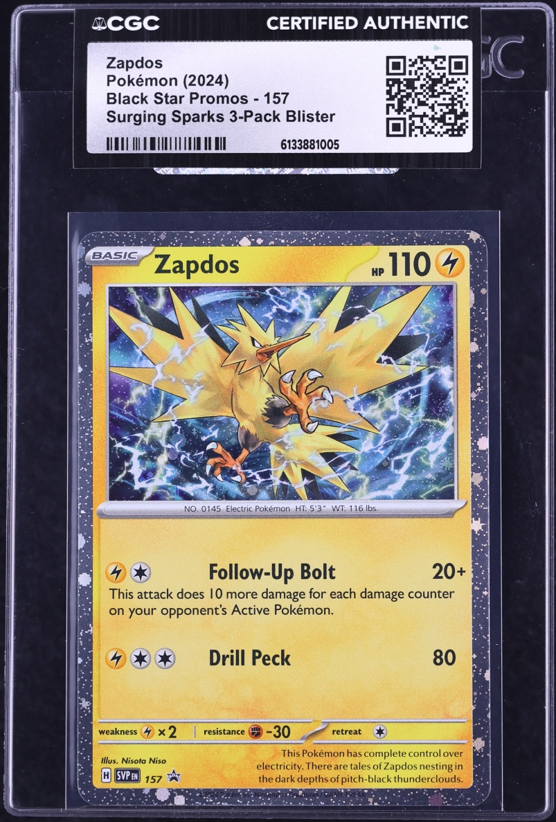 2024 Pokemon SV Black Star Promo Surging Sparks 3 Pack Blister Holo Zapdos #157 CGC AUTH