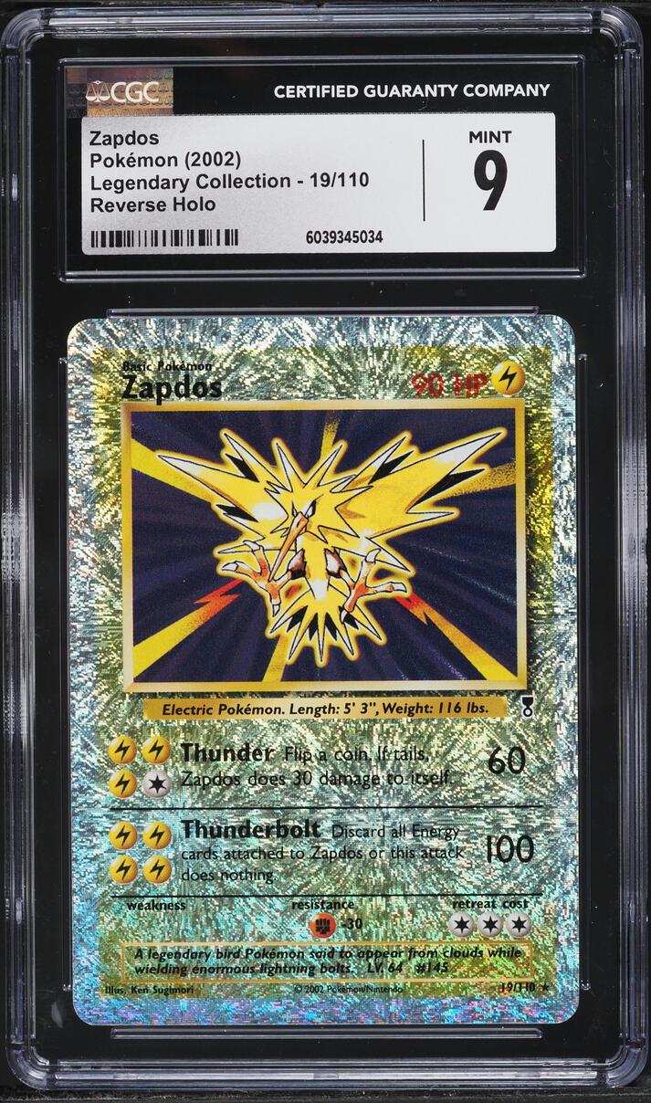 2002 Pokemon Legendary Collection Reverse Holo Zapdos #19 CGC 9 MINT