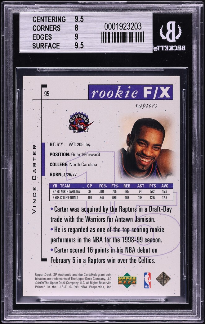 1998 SP Authentic Vince Carter ROOKIE /3500 #95 BGS 8.5 NM-MT+