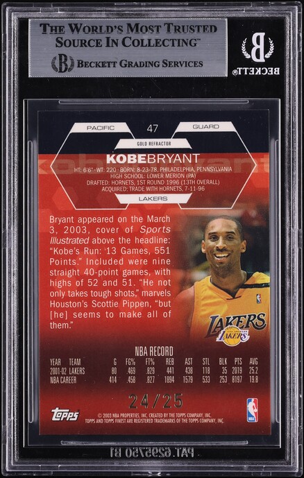 2002 Finest Gold Refractor Kobe Bryant 24/25 #47 BGS 9 MINT - Photo 2