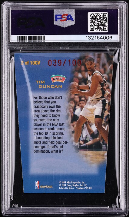 1999 Skybox Premium Club Vertical Die-Cut Tim Duncan /100 #2 PSA 6 EXMT - Photo 2