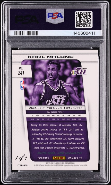 2013 Panini Prizm Black Karl Malone 1/1 #241 PSA 10 GEM MINT - Photo 2