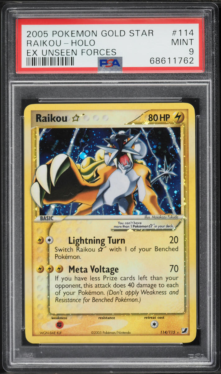 2005 Pokemon EX Unseen Forces Holo Raikou Gold Star #114 PSA 9 MINT