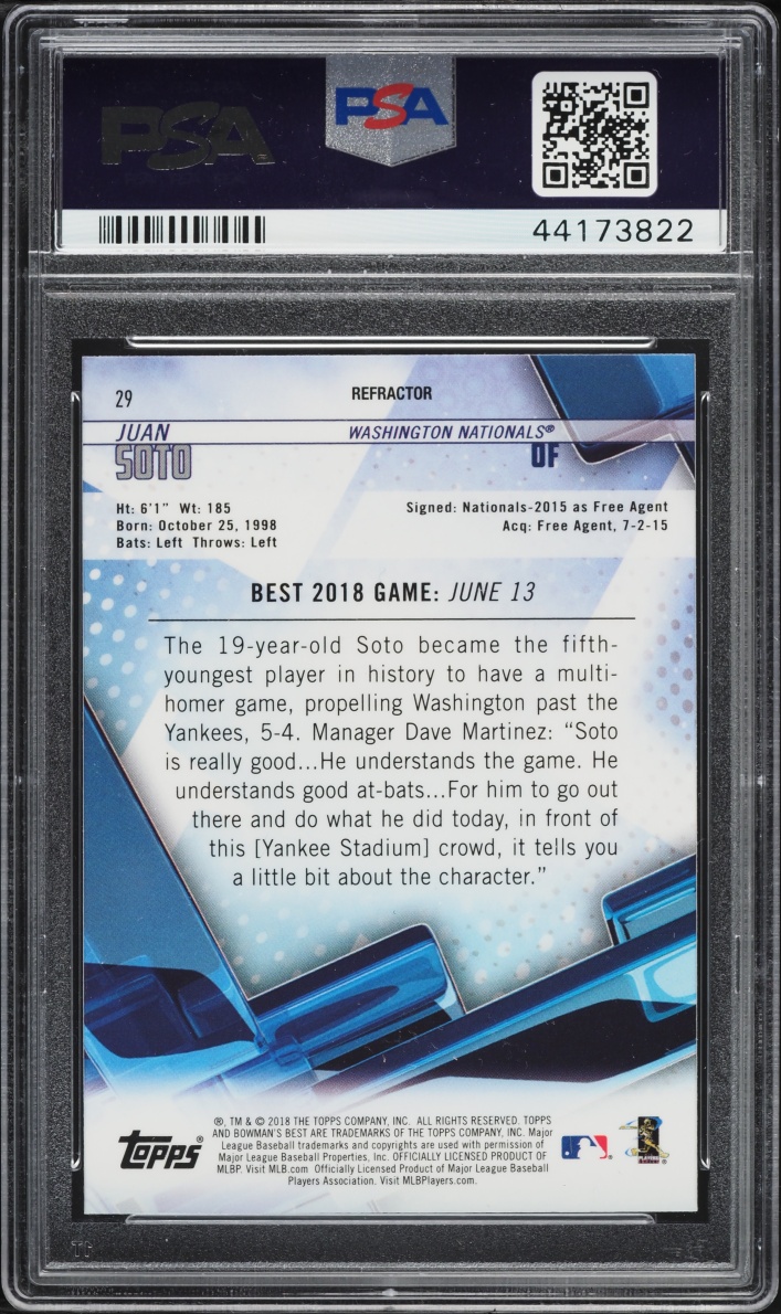 2018 Bowman's Best Refractor Juan Soto ROOKIE #29 PSA 10 GEM MINT