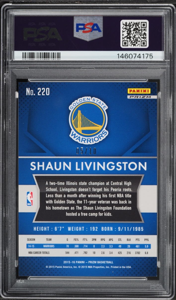 2015 Panini Prizm Gold Shaun Livingston /10 #220 PSA 8 NM-MT