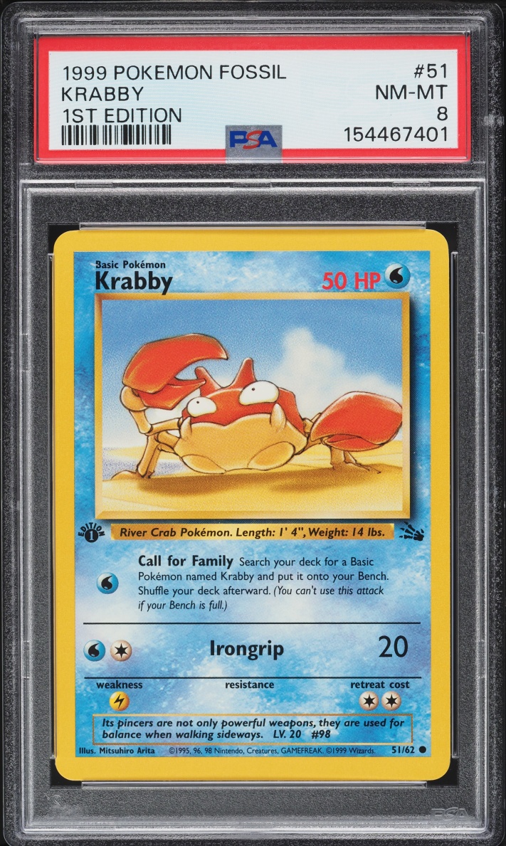 1999 Pokemon Fossil 1st Edition Krabby #51 PSA 8 NM-MT